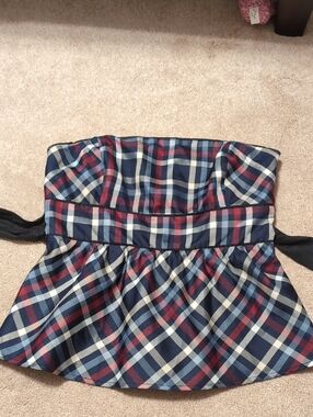 Plaid Strapless Peplum Top in Navy, Red & Cream